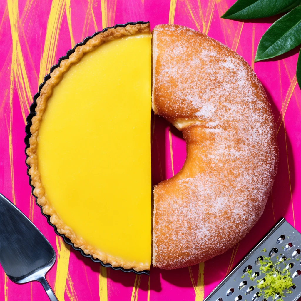 Overhead flat lay of a split pastry: the left half is a smooth yellow tart in a fluted pan, the right half a sugar-dusted golden doughnut. It sits on a vibrant magenta surface with yellow strokes, framed by a silver pie server, green leaf, and metal grater with zest. Bright pop-art lighting.
