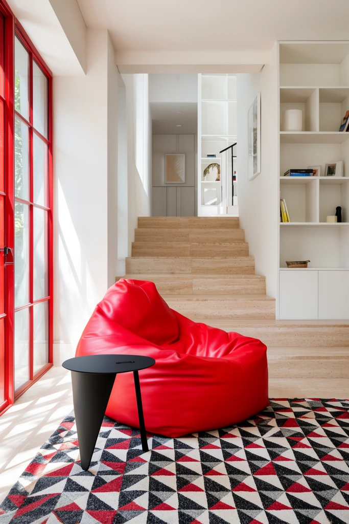 vivid red leather beanbag chair, black minimalist side table, geometric rug, travertine staircase, white built-in shelving, red window frames, sunlit modern interior