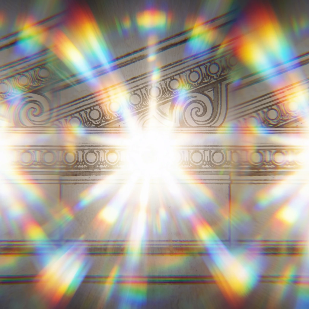 an architectural drawing showing ornate moldings, a pediment, and decorative flourishes, rendered with heavy prismatic light diffraction, intense central bloom and radial lens flares, glowing rainbow-fringed outlines via extreme chromatic aberration, soft focus hazy aesthetic, lo-fi vintage digital texture, shimmering iridescent light streaks, dark charcoal void background, dreamcore atmosphere, overexposed highlights on intricate line work, ethereal glowing flourishes.