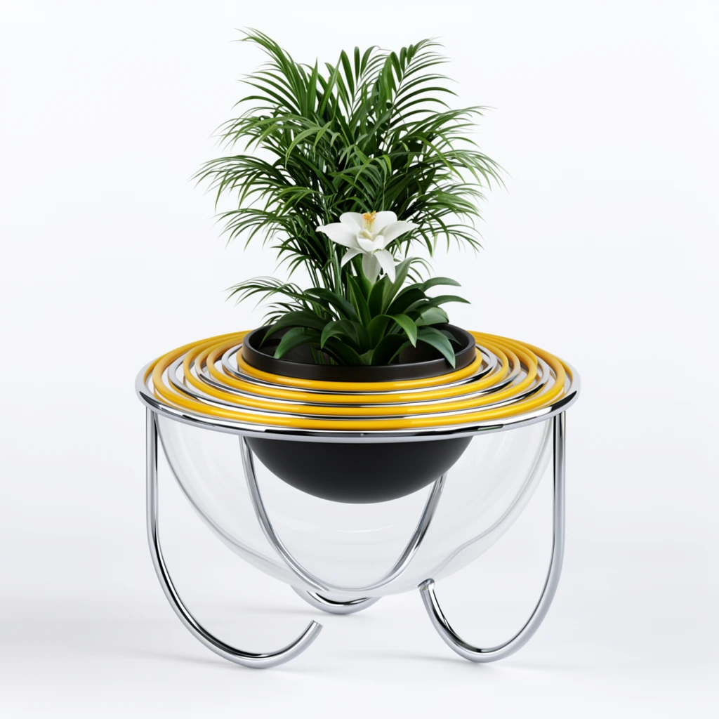 modern planter, green palm plant, white flower, black bowl, clear glass hemisphere, concentric yellow and silver rings, curved chrome legs, white background, studio lighting