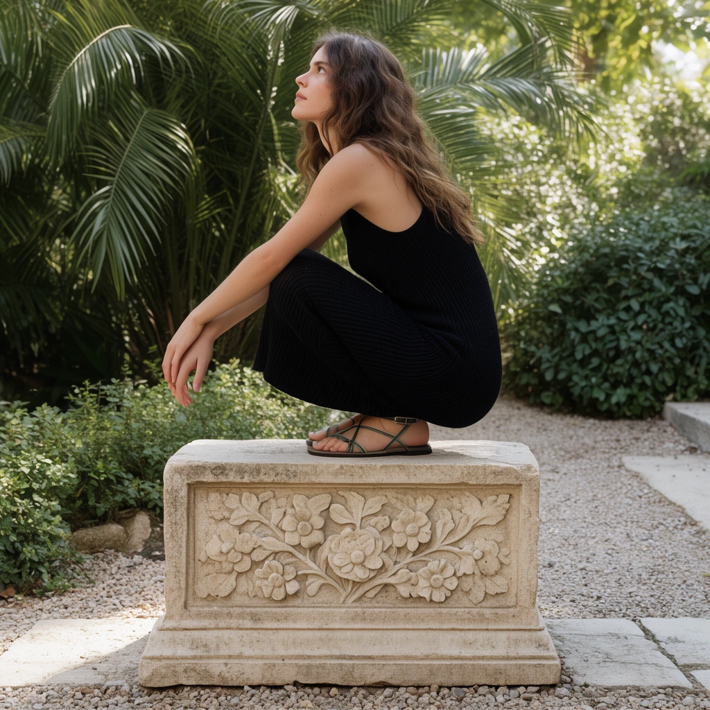 A woman with long wavy brown hair crouches in profile on a carved rectangular stone block featuring floral bas-reliefs. She wears a black ribbed knit dress and dark strappy sandals, gazing upwards. Lush green palm fronds and leafy shrubs fill the sunlit garden background alongside a gravel and stone path, shot with natural lighting and earthy tones.
