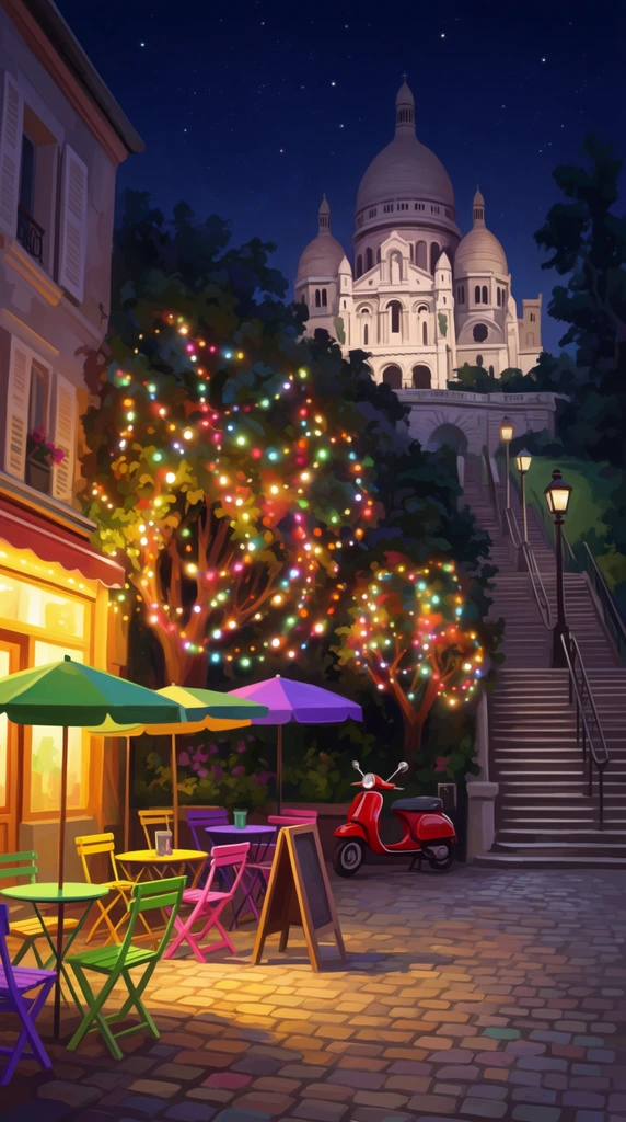A vibrant digital illustration of a charming outdoor cafe at night, featuring a steep staircase leading up to a grand white basilica. On the left, a brightly illuminated storefront casts a warm golden glow over a textured cobblestone street, highlighting brightly painted folding chairs and tables in yellow, green, pink, and purple beneath green and purple umbrellas. A wooden sandwich board stands nearby in the light. In the center, thick trees are festooned with dense clusters of glowing multi-colored string lights, with a classic red motor scooter parked at their base. To the right, a wide stone staircase flanked by vintage streetlamps ascends a dark, tree-lined hill toward the majestic, multi-domed basilica set against a deep blue, starry night sky. The stylized, painterly composition contrasts cozy, warm cafe lighting with cool, romantic evening shadows.