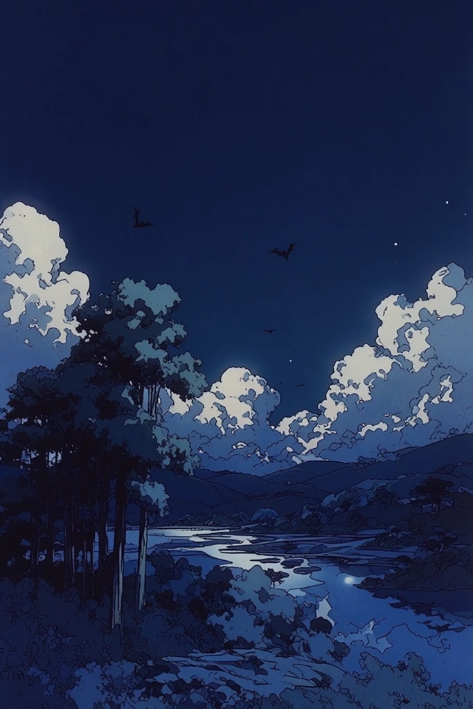 Nocturnal Graphic Cloudscapes style AI image example 2
