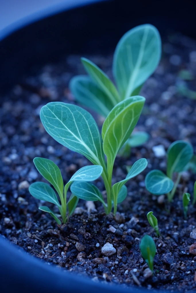 young green plant shoots in dark coarse soil, vibrant oval leaves with prominent pale veins, small seedlings, dark planter pot edge, macro photography, shallow depth of field, soft cool lighting