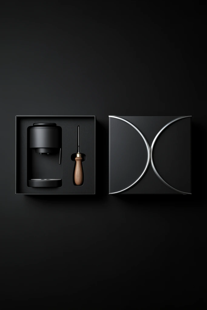 two square premium packaging boxes on a seamless black background, top-down flat lay, left box open with a molded matte black interior, custom recessed compartments outlining a coffee machine and a wooden-handled tool, right box features a matte black lid with symmetrical intersecting metallic silver arcs, low key studio lighting, minimalist modern aesthetic, ultra-premium sleek monochromatic presentation