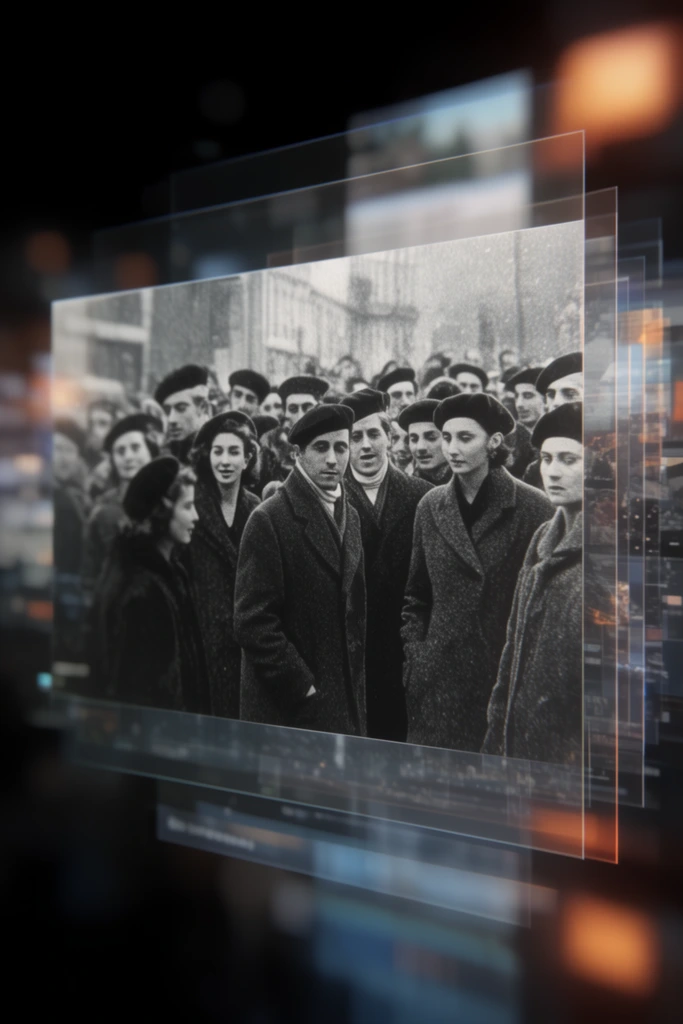 A layered digital interface projects a high-contrast, vintage black-and-white photograph of a crowd in mid-century attire wearing dark coats and berets. The sharp central image floats in a dark void, surrounded by semi-transparent glass panes receding into extreme depth of field. Gritty film grain merges with a sleek, glowing motion graphics aesthetic, while severe background blur creates soft bokeh flares of warm orange and cool blue.