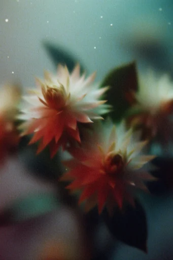 Nostalgic Botanical Surrealism style reference image — saturated crimson and teal accents