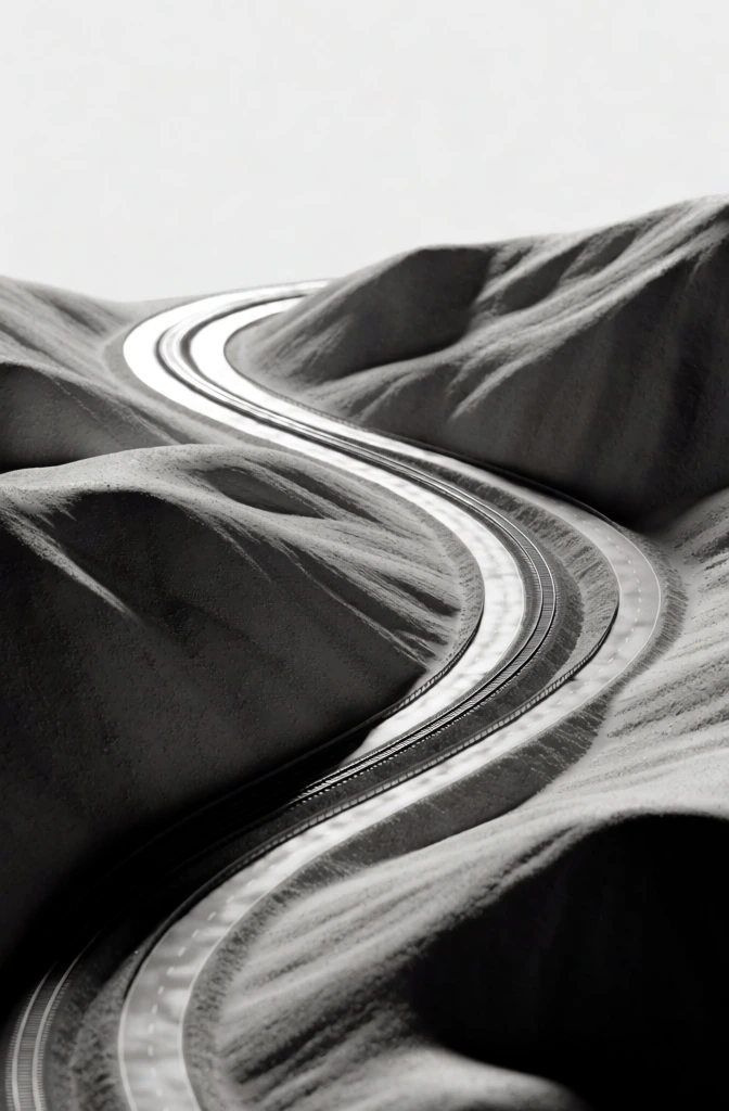 high-contrast monochromatic landscape, a winding road and railway snaking through undulating hills, stark seamless white background, hard directional side-lighting creating deep dramatic shadows and brilliant highlights, hyper-detailed sculptural topography, macro-level textural relief of crushed stone and asphalt, minimalist editorial composition, razor-sharp focus, silver-halide film aesthetic, dramatic chiaroscuro, clean stark void, emphasis on form and parallel lines.