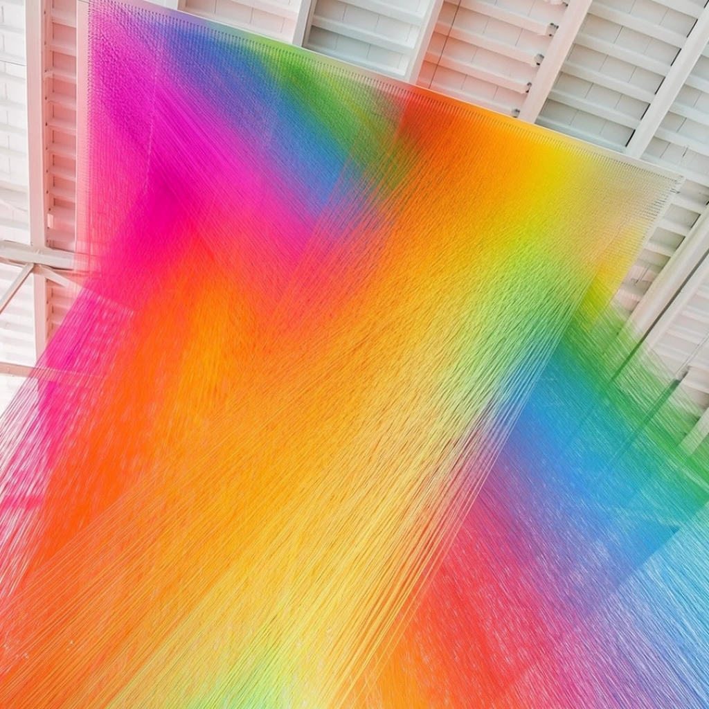 A monumental art installation of thousands of vibrant, multicolored threads suspended from a white corrugated ceiling. The dense canopy of taut strings sweeps downward in a precise, intersecting formation, creating a massive volume of radiant rainbow gradients transitioning from vivid magenta and bright orange to sunny yellow, cool blue, and fresh green. Captured from a low-angle perspective looking upward, the delicate strands originate from structural beams, filling the bright industrial space. The optical blending of the intensely saturated fibers generates a mist-like volume of suspended color.