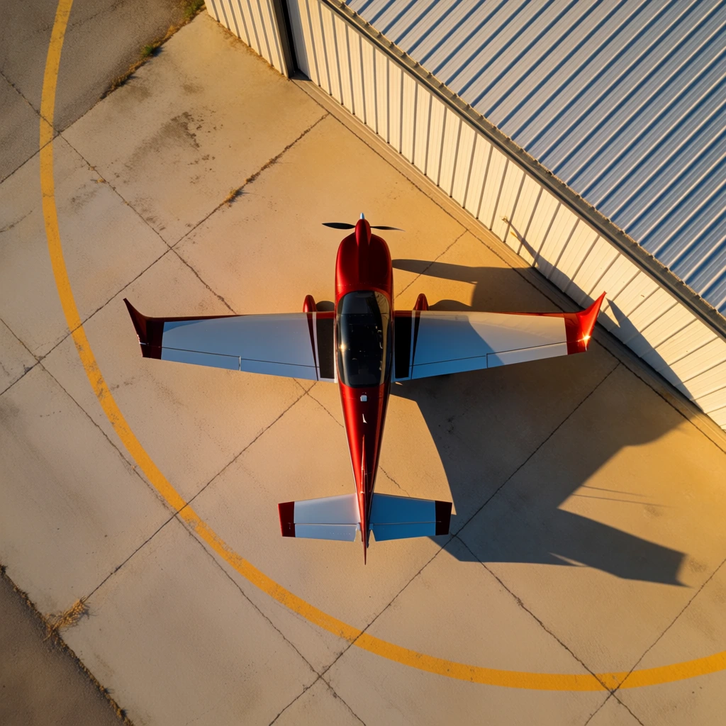 A top-down aerial photograph captures a sleek red and silver single-engine propeller aircraft parked on a concrete tarmac next to a corrugated metal hangar. The plane features straight silver wings with dark red accents, sharply angled wingtips, a dark tinted cockpit canopy, and a front-mounted propeller. It rests on weathered pale grey concrete intersected by a sweeping, faded yellow curved taxi line. In the upper right corner, the ridged texture of a metal roof extends into the frame, casting a heavy, sharp diagonal shadow across the aircraft's tail section and right horizontal stabilizer. The scene is illuminated by warm, low-angle golden hour sunlight, highlighting the metallic sheen of the fuselage while creating stark geometric contrasts between the structural lines of the hangar, the painted curve on the ground, and the sharp silhouette of the airplane.