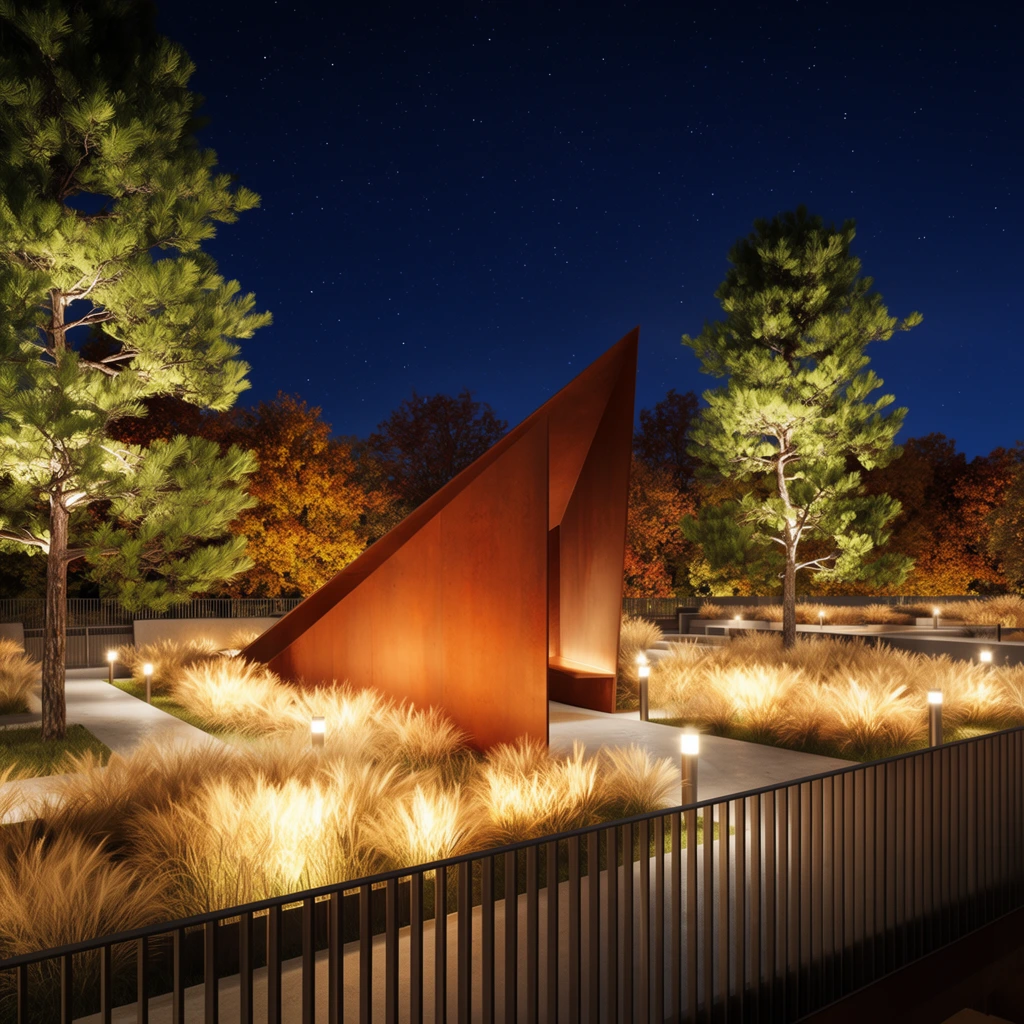 dramatic nighttime landscape architecture, sharp wedge-shaped rust-colored steel pavilion glowing warm orange, deep blue starry night sky, foreground slatted metal railing, brightly uplit golden ornamental grasses, concrete walkways with glowing bollard lights, two tall green pine trees strongly illuminated from below, autumn foliage background, high-contrast artificial uplighting, warm gold and cool blue color palette, photorealistic architectural rendering, crisp geometric lines