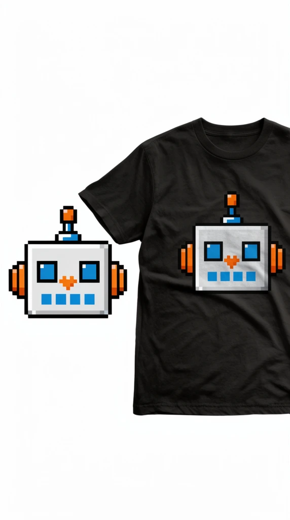 side-by-side layout, 8-bit pixel art robot head on the left, identical graphic centered on a black short-sleeved crew neck t-shirt mockup on the right, rectangular white and light grey robot face, bright blue square eyes, small orange heart-shaped nose, four blue squares forming a mouth, orange blocky side modules, top antenna with orange and blue segments, retro digital aesthetic, natural fabric wrinkles and soft lighting on the dark shirt, solid white background, high contrast visual presentation