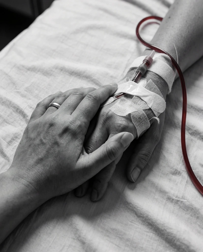 Two hands gently clasp on a wrinkled bedsheet in a black-and-white photograph. The left hand wears a metal band, while the right has an IV secured with clear tape. A vibrant red medical tube loops from the IV, providing the only color in the high-contrast, monochromatic scene.