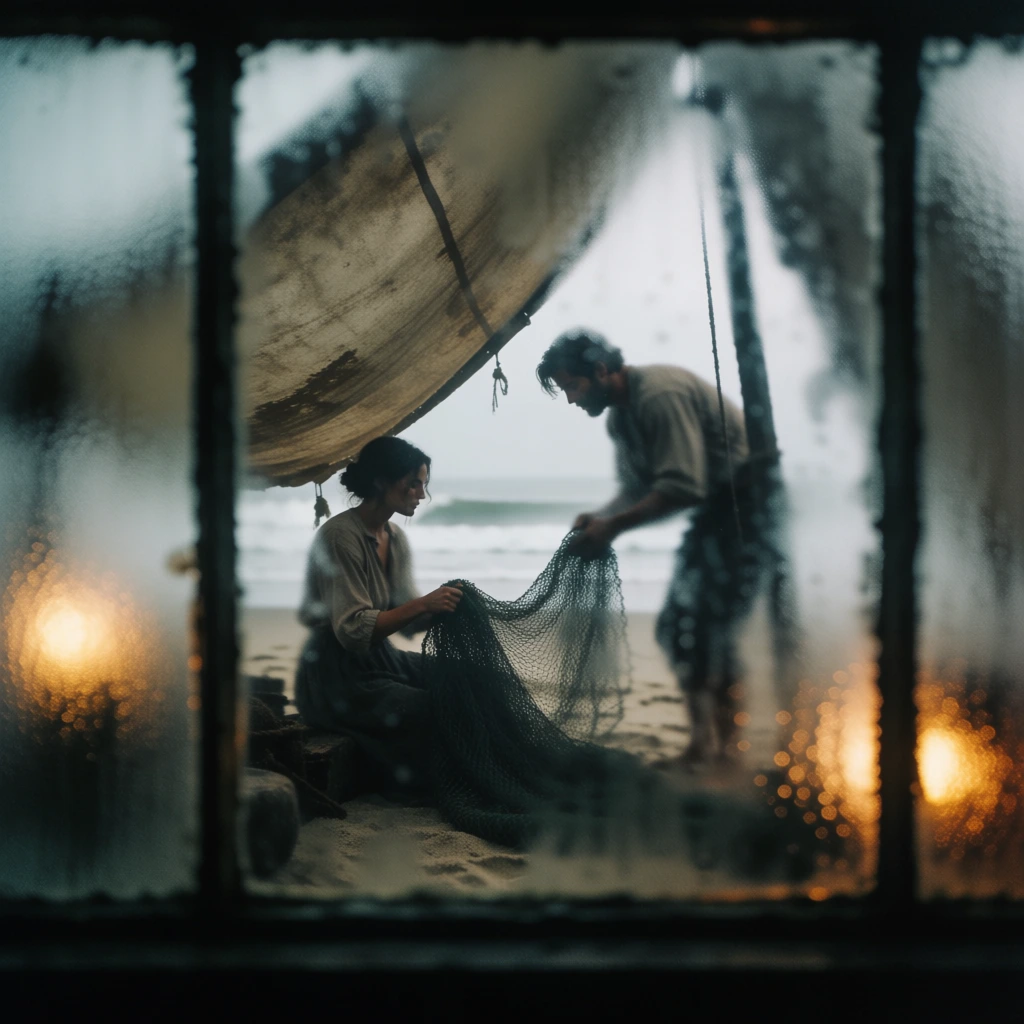 cinematic shot through a frosted multi-pane window with condensation, soft focus and heavy film grain, hazy atmospheric perspective, muted charcoal and teal tones with warm golden amber bokeh highlights, a man and woman on a sandy beach positioned under a large weathered canvas sail, woman seated holding a large fishing net, man standing handling the net, distant ocean and overcast sky, nostalgic dreamlike aesthetic, low contrast, moody intimate lighting, salt-sprayed glass texture.