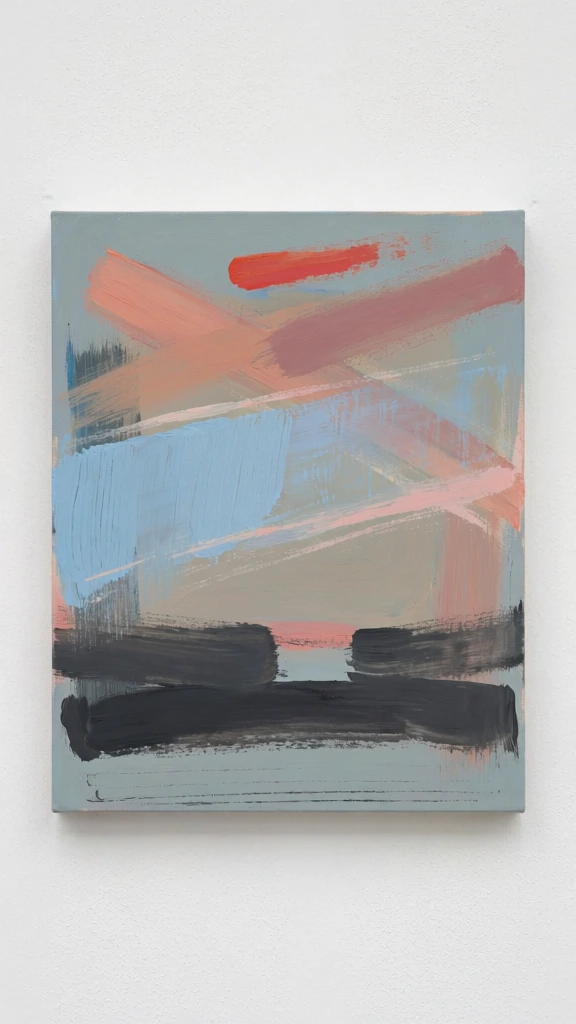 An abstract painting featuring horizontal and diagonal brushstrokes in a palette of dusty blue, charcoal, and salmon pink is mounted against a plain white wall. The rectangular, unframed canvas displays a series of layered, gestural marks over a flat, muted grayish-blue background. In the upper half, long, thick strokes of salmon and dusty rose cross diagonally, while a single, vibrant stroke of reddish-orange sits at the top center. The middle section contains a broad band of light sky-blue paint layered over thin wisps of pale pink and white. Toward the bottom, two heavy, horizontal strokes of charcoal gray create a dark, broken line across the canvas, separated by a small gap in the center. The very bottom returns to the base grayish-blue color with faint, thin horizontal lines. The painting technique is expressive, with visible bristle marks and varying paint thicknesses that reveal the texture of the application. The artwork is centrally positioned on the white, textured wall under even, diffuse lighting that casts a soft shadow along the right and bottom edges of the stretched canvas. The overall composition is balanced but asymmetrical, using a cool-toned palette punctuated by warm accents.