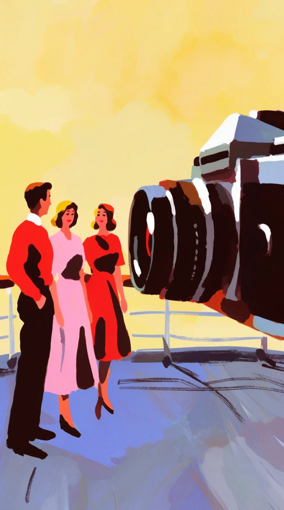 A stylized, painterly digital illustration depicts a massive camera facing a man and two women on a ship deck, rendered in thick, gouache-like brushstrokes with a vibrant retro-pop color palette. The oversized camera anchors the composition, built from chunky blocks of deep dark-brown shadows and accented with stark, opaque white streaks mimicking glossy reflections. Opposite the lens, the man and two women stand in stylized, simplified forms, their clothing and features defined by bold patches of candy-apple red, soft pastel pink, and heavy, hard-edged dark shadow shapes. They are positioned on a ship deck illustrated through broad, sweeping periwinkle and grey-blue brush marks, interspersed with loose, sketchy dark linework. The background is a luminous, warm pastel yellow expanse painted with hazy, unblended color transitions. The overall aesthetic mimics a tactile 2D gouache painting, utilizing high-contrast cel-shaded lighting, visible impasto-style strokes, and a whimsical mid-century illustration style characterized by flat, bright base colors intersecting abruptly with solid, dramatic cast shadows.
