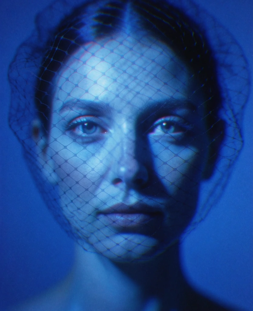 centered close-up of a woman's face draped in a delicate net veil, submerged in monochromatic cobalt blue light, glowing analog crt aesthetic, heavy lo-fi film grain, diffused soft-focus bloom, high contrast with deep cyan shadows, liminal eerie atmosphere, ethereal highlights catching the mesh texture, retro digital haze, vignetted framing, minimalist composition, 1990s video art texture, moody nocturnal glow.