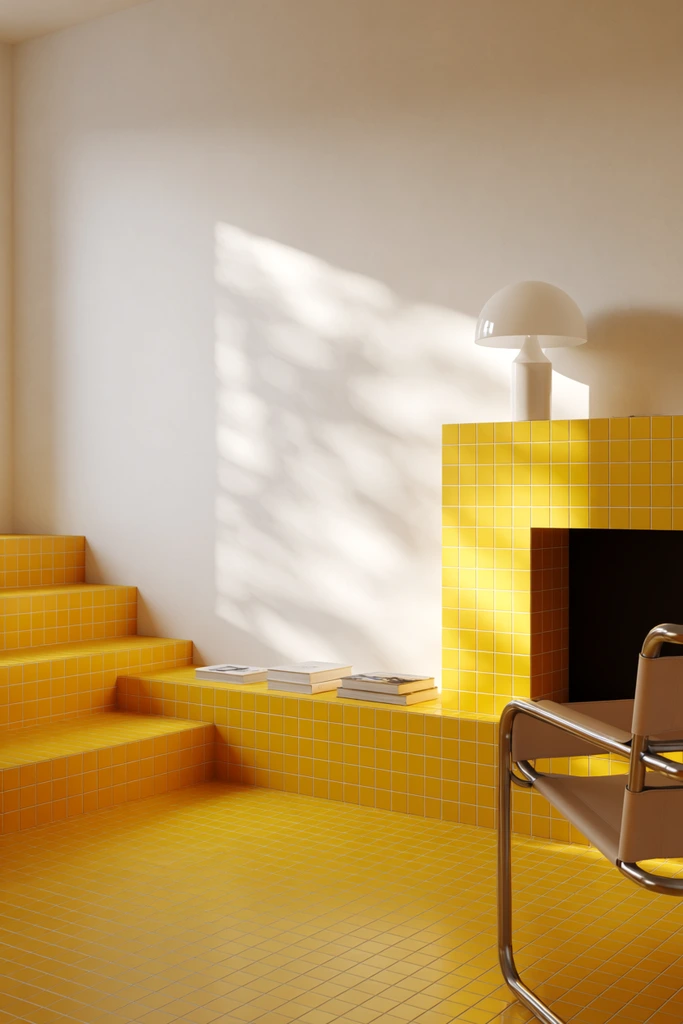 Vibrant yellow square tiles cover the floor, a staircase, and a fireplace surround in a minimalist interior. Warm sunlight casts dappled shadows on a stark white wall. A tubular metal chair sits foreground. A white mushroom lamp rests on the mantle. Three books lay on a low tiled ledge.