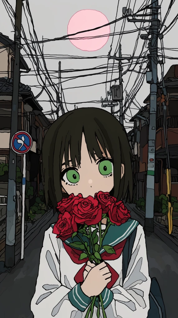 anime girl with green eyes holding red roses, white sailor uniform, narrow residential street, tangled overhead power lines, utility poles, large pale pink sun, grey sky, flat illustration, thick wobbly outlines, muted tones