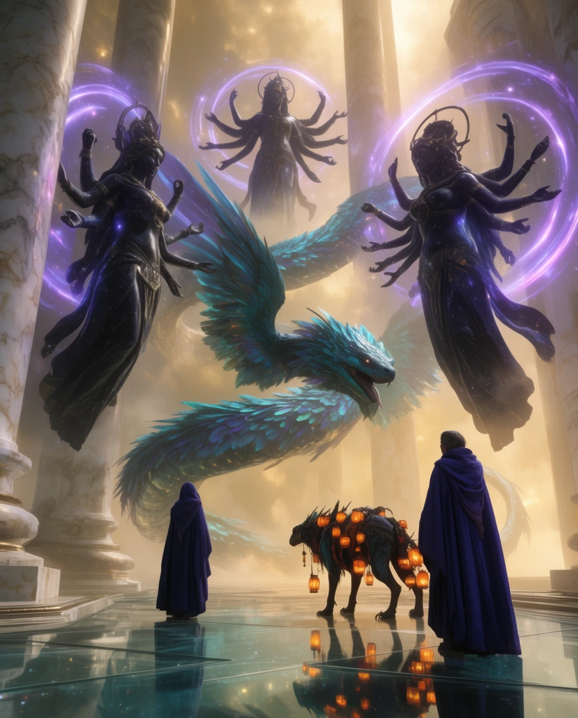 A mystical convergence unfolds in a luminous celestial cathedral where earthbound explorers gaze upon levitating cosmic entities and a colossal feathered serpent. Three towering obsidian statues of multi-armed goddesses float in the misty air, enclosed within rotating rings of violet light. Winding between them is a massive winged serpent with iridescent teal feathers. On the reflective glassy floor below, two tall figures in heavy indigo cloaks stand beside a quadrupedal beast adorned with trailing orange lanterns. The vast environment features monolithic marble columns fading into thick volumetric golden fog. Captured from a sweeping low-angle perspective, the cinematic fantasy scene emphasizes majestic scale through radiant backlighting and highly reflective surfaces.