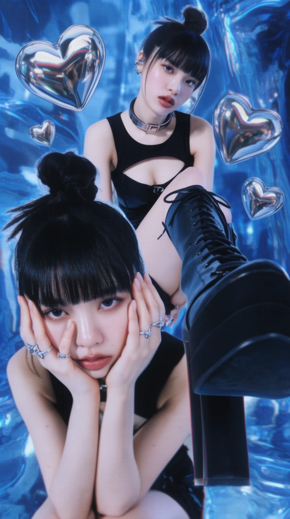 A Y2K cyber-aesthetic collage of a model with black bangs and a top knot in two overlapping poses against a glossy blue abstract digital void with floating chrome hearts. The foreground figure crouches close, hands framing her face with silver rings. The background figure thrusts a massive black lace-up platform boot toward the lens with extreme foreshortening. They wear black cutout tops and metallic chokers. The composition is heavily stylized with CRT scanlines, chromatic aberration, and a cool blue tint.