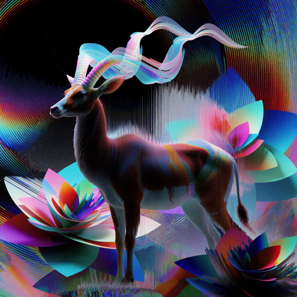 an abstract digital glitch art composition, a majestic antelope with flowing translucent iridescent ribbon horns standing amidst distorted geometric flowers, heavy pixel sorting, vertical line artifacts, granular digital noise, dark black background, vibrant cyan and magenta chromatic aberration, layered fragments, concentric radial distortion patterns, sharp vertical striations, textured grainy surfaces, aesthetic of high-fidelity digital decay, prismatic light, technical error