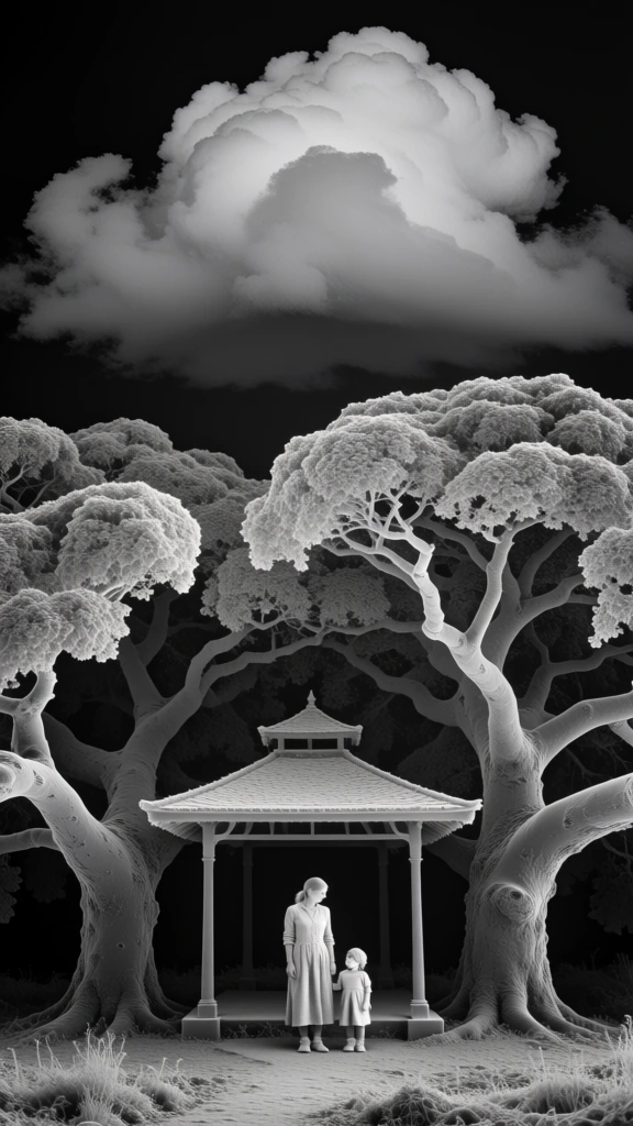 high-contrast monochromatic electron microscope aesthetic, deep pitch-black background, ultra-fine textures and intricate details, a woman and small child standing together under a structural pavilion, positioned between two massive trees with sprawling gnarled branches, a singular giant cloud looming overhead, sharp grayscale gradients, dramatic directional lighting revealing microscopic-level surface details, centered composition, clinical yet ethereal atmosphere, sharp focus, hyper-detailed.