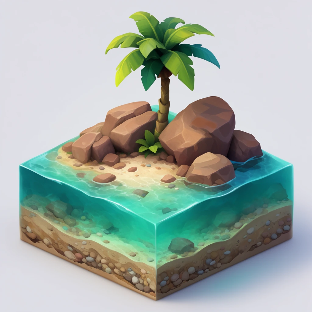 isometric 3D diorama of a tropical island, translucent aquamarine water cube base, stylized palm tree with vibrant green fronds, clustered smooth brown boulders, cross-section of sandy earth and pebbles, underwater terrain visible through clear teal water, plain light gray background, vibrant game art style, smooth painted textures, soft lighting