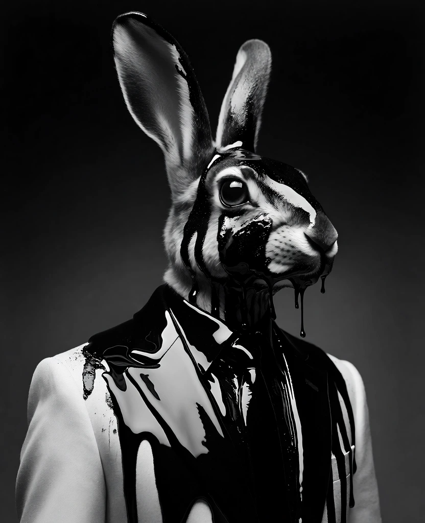 portrait of a horned hare in a tailored suit jacket, covered in thick viscous glossy black liquid dripping down its fur and lapels, monochromatic black and white aesthetic, high contrast dramatic studio lighting, sharp specular highlights on wet surfaces, deep obsidian shadows, sculptural quality, fine textures of fur and fabric visible through the ink, minimalist dark charcoal background, moody and avant-garde composition, cinematic art-house style.