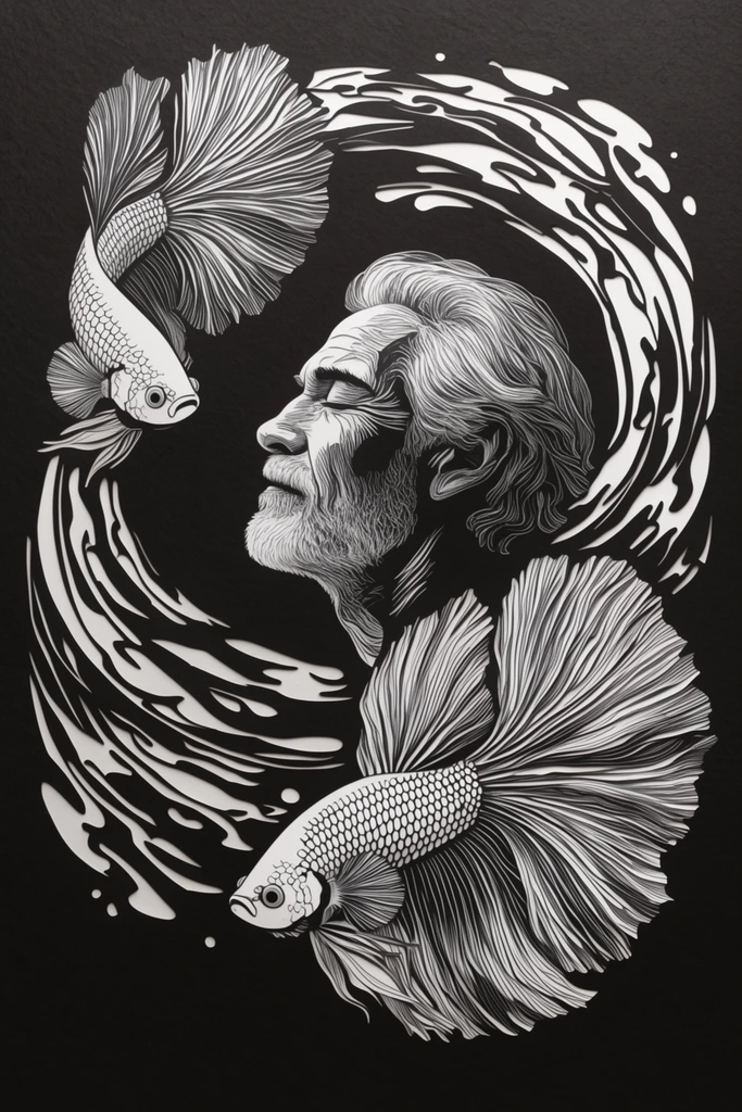 A high-contrast black and white papercut-style illustration of a serene mature man in profile with closed eyes. He is surrounded by two large betta fish featuring intricate, voluminous fins rendered in delicate white linework. Fluid, abstract white water currents form a dynamic circular frame around the subjects against a textured solid black background. The artwork utilizes stark contrast and meticulous flowing lines to form a tranquil, rhythmic composition.
