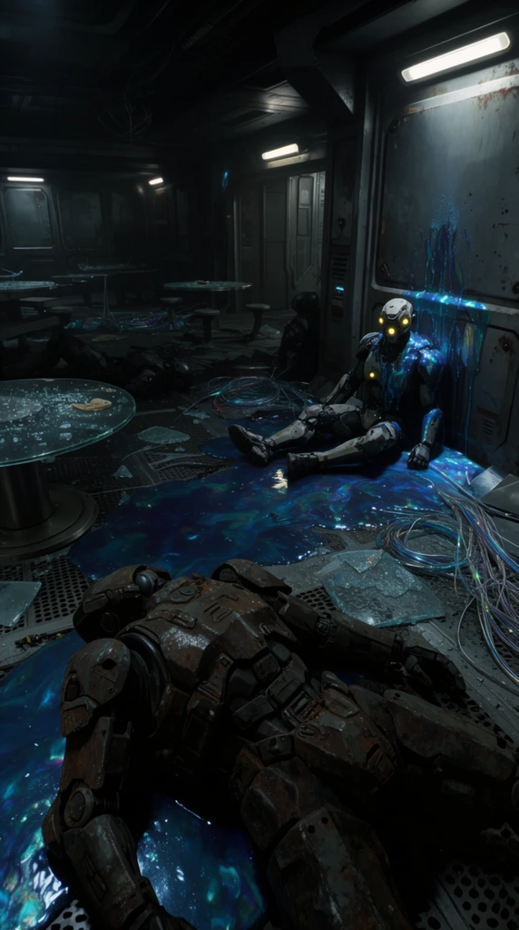 A grim skirmish aftermath unfolds inside a dimly lit metallic space station mess hall. A synthetic humanoid with glowing yellow optic sensors sits slumped against a steel bulkhead, its chassis slick with leaking iridescent blue fluid. In the immediate foreground, a massive deactivated security drone covered in heavy rusted plating lies facedown on the grated floor. Puddles of viscous blue fluid reflect flickering overhead emergency lights. Scattered throughout the deep shadows are shattered glass tables, twisted fiber-optic cables, and the motionless silhouette of another armored figure. The cinematic wide-angle composition utilizes low-key lighting with cool cyan and deep black contrasts, highlighting the gritty, battle-scarred textures of the industrial environment.