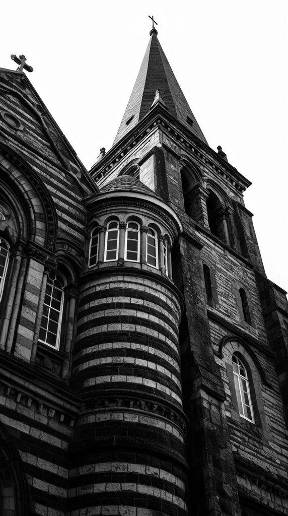 black and white architectural photography, historic stone church facade, low angle perspective, prominent rounded turret with multi-paned windows, square stone tower with arched openings, slender spire topped with a cross, stark white sky, alternating striped stonework, deep dramatic shadows, high contrast, intricate masonry textures