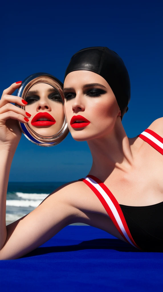surreal fashion photography, woman reclining on vibrant blue surface, holding round silver mirror over face, black vintage swim cap, black swimsuit with red and white striped straps, bold red lipstick, red nail polish, mirror reflecting bright red lips and dark eye makeup, deep blue sky, distant ocean waves, stark sunlight, sharp cast shadows, highly saturated primary colors