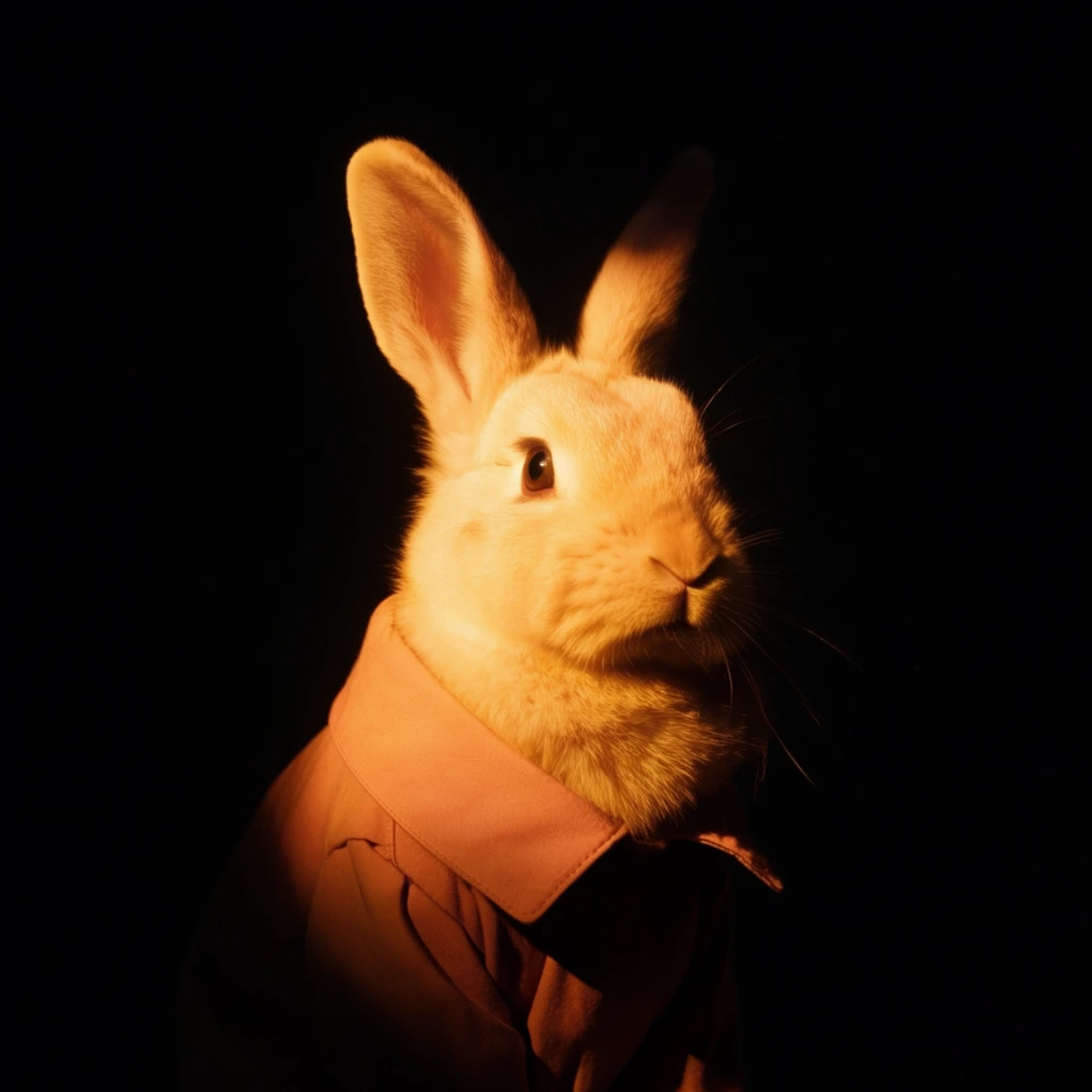 One rabbit wearing a collared coat is bathed in a highly concentrated, warm golden spotlight against an absolute pitch-black environment. The intense illumination strikes the subject, creating a stark chiaroscuro effect with extreme high contrast. Sharp, photorealistic focus captures the fine, tactile textures of the rabbit's illuminated fur and the crisp, structured fabric of its collar, rendering them in glowing amber, peach, and subtle terracotta hues. The heavily shadowed portions of the rabbit and its coat merge seamlessly into the vast, deep inky darkness of the background. A monumental expanse of black space entirely envelops the centered subject, emphasizing the theatrical lighting and the sharply defined boundaries where the intense golden light intersects the heavy shadows.