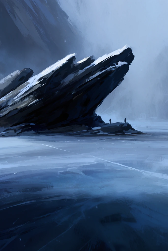 desolate frozen landscape, large jagged dark rock formation jutting diagonally from smooth icy terrain, white snow dusting the upper rock ridges, two tiny silhouetted figures on a distant outcrop, hazy atmospheric background mist, cool monochromatic palette of deep blues and frosty whites, thick expressive painterly brushstrokes, cinematic concept art style