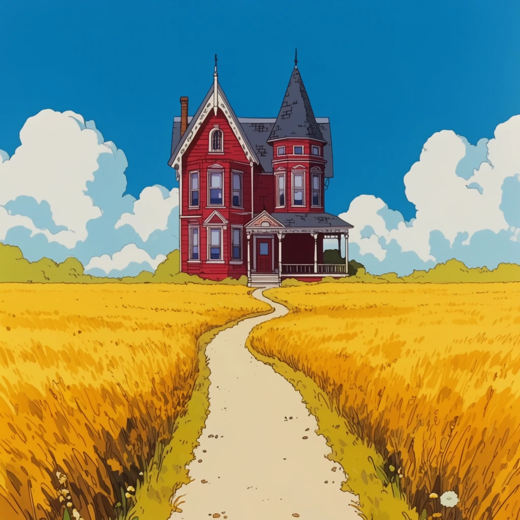 red Victorian house, winding path through vast golden field, bright blue sky, fluffy white clouds, 2D animated style, flat colors, bold outlines, centered composition