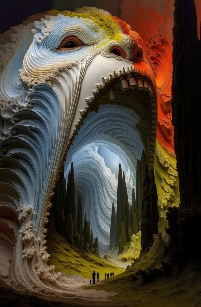 a surreal vertical composition of a colossal mythical creature with a wide-open mouth, featuring intricate fractal textures and layered high-relief carvings resembling piped frosting and geological striations, palette of pale blue and cream shifting to fiery orange and deep mossy green, interior of the maw revealing a cavernous landscape with towering cypress-like trees and tiny silhouetted figures for scale, hyper-detailed digital surrealism, cinematic lighting, ethereal atmosphere.