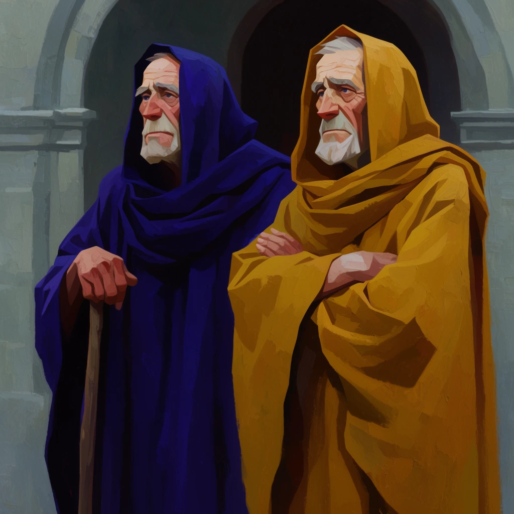 Two elderly men stand in an arched stone doorway cloaked in heavy textured robes of deep indigo and mustard yellow. They possess weathered angular faces gazing in opposite directions with stoic introspective expressions. The man in indigo rests a gnarled hand on a tall wooden staff while his companion tightly crosses his arms. The scene is rendered as a stylized oil painting featuring flat bold color blocking and simplified geometric forms under soft diffused lighting. Rich textured impasto brushwork emphasizes the sweeping folds of the heavy fabric against the cool muted grey of the architectural background.