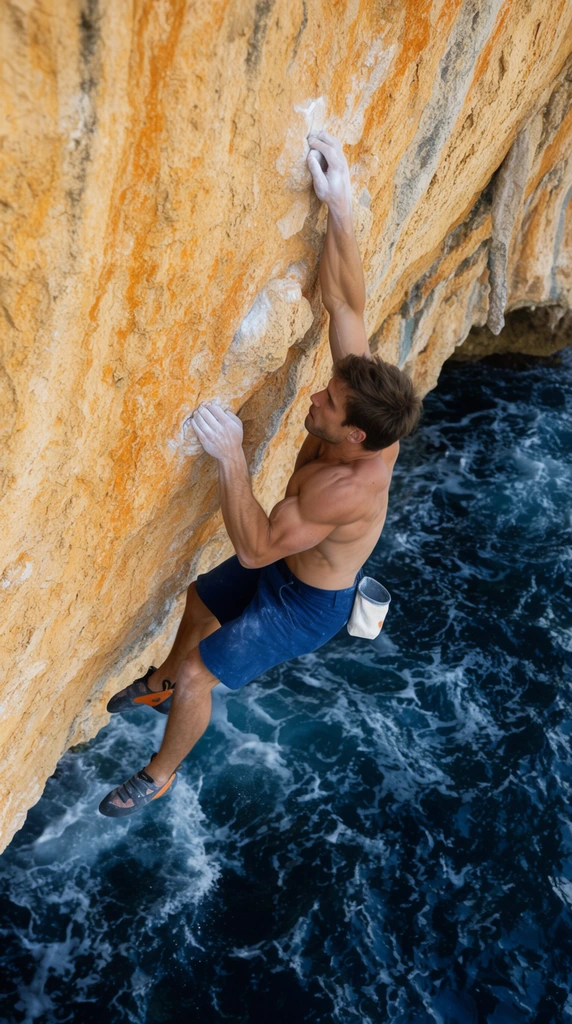 A shirtless, muscular male rock climber hangs from a steeply overhanging golden-limestone cliff directly above dark, turbulent ocean water. Gripping chalk-dusted holds, his right arm extends fully upward while his left arm bends near his chest, his legs dangling in mid-air. He wears deep blue shorts, dark climbing shoes with orange accents, and a white chalk bag. The high-angle action photography contrasts the bright, sunlit textures of the orange-streaked rock face with the deep blue, churning waves and white foam below, emphasizing dramatic physical exertion and coastal scale.