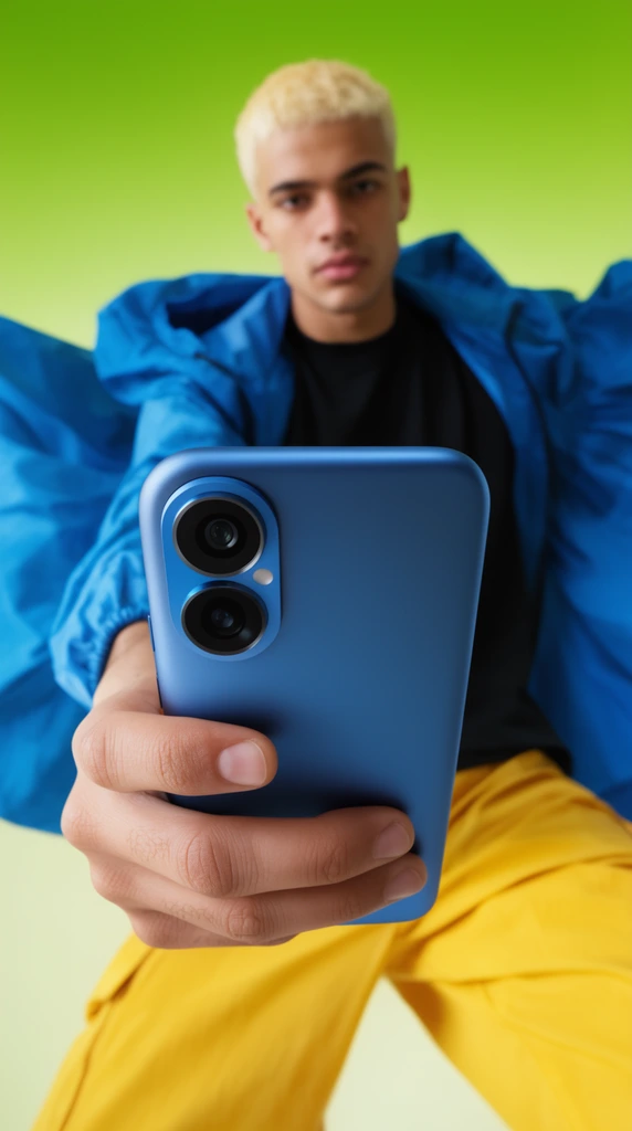 Extreme foreground focus on a matte blue smartphone with two large camera lenses held by a young man with bleached blond hair. He wears a black t-shirt, yellow pants, and a billowing blue jacket against a vibrant lime-green gradient background. Shot with wide-angle forced perspective, vivid color blocking, shallow depth of field, and bright commercial studio lighting.