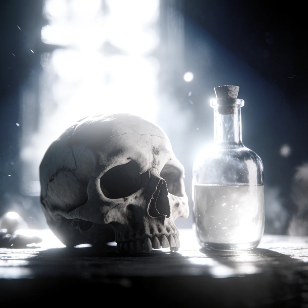 still life of a weathered human skull and a translucent glass potion on a dark wooden table, dramatic high-key backlighting from a moonlit window, intense rim light haloing the subjects, hazy atmospheric bloom and soft-edged lens flares, shallow depth of field with organic bokeh, monochromatic palette of silvery whites and deep midnight blues, tactile textures of aged bone, ethereal dust motes in the air, cinematic and moody composition, blown-out specular highlights