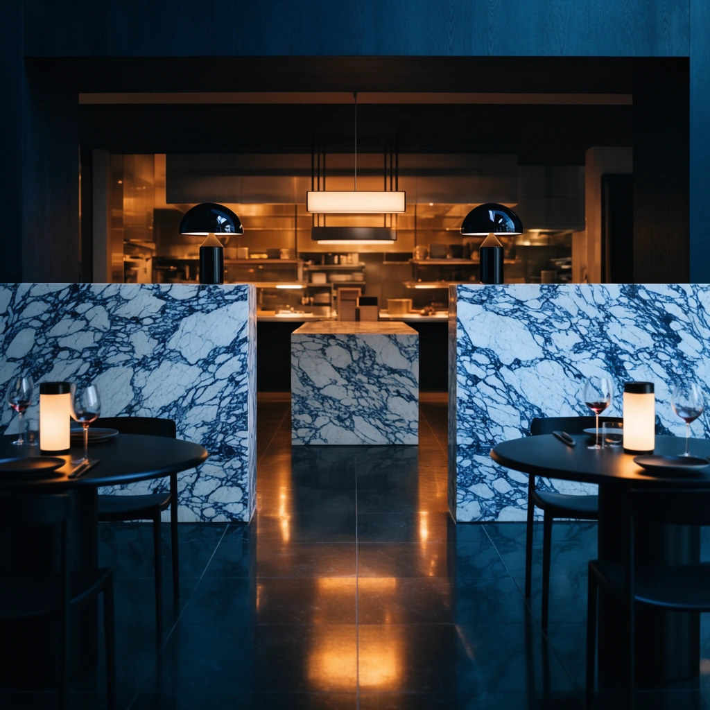 A symmetrical view of an ultra-modern restaurant interior featuring dramatic lighting and heavily veined marble. Two round black dining tables flank a central walkway of reflective dark floor tiles catching warm light pools. Each table holds dark plates, wine glasses, glowing cylindrical lamps, and minimalist chairs. Behind them, striking white marble half-walls with intense dark blue veining frame a central portal, topped with glossy black mushroom-shaped lamps. The perspective draws the eye into an open kitchen bathed in warm golden illumination, where a matching marble island sits centrally beneath a sleek rectangular pendant light. The cinematic color palette contrasts deep cool blue shadows with rich amber highlights, emphasizing rigid geometry and high-end architectural design.