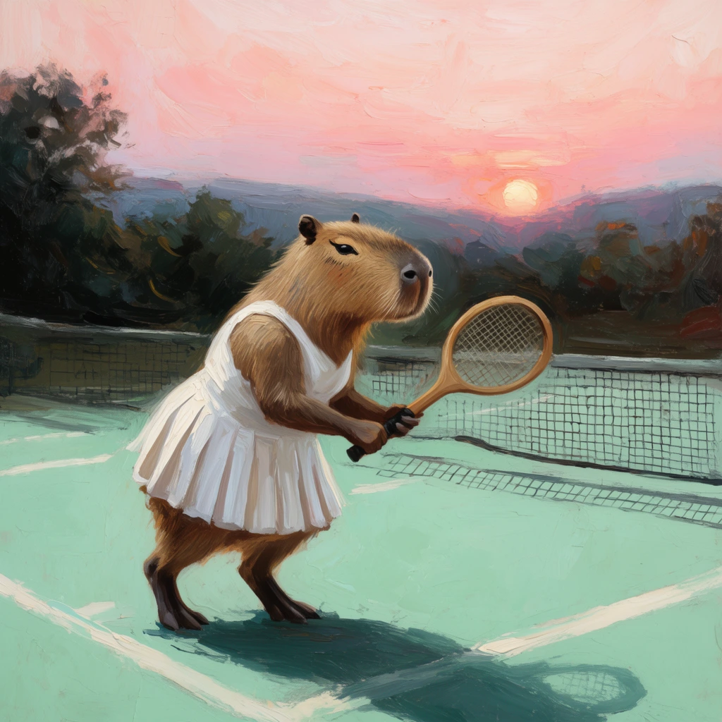 An anthropomorphic capybara wearing a pleated white tennis dress holds a wooden racket on a mint green court at sunset. The figure stands ready near a dark net, casting a deep shadow across the white boundary lines. The background features dark foliage and rolling hills under a sweeping pastel sky of pink and peach with a low sun. Rendered in an expressive oil painting style with thick impasto brushstrokes, blending classical landscape art with a whimsical subject.