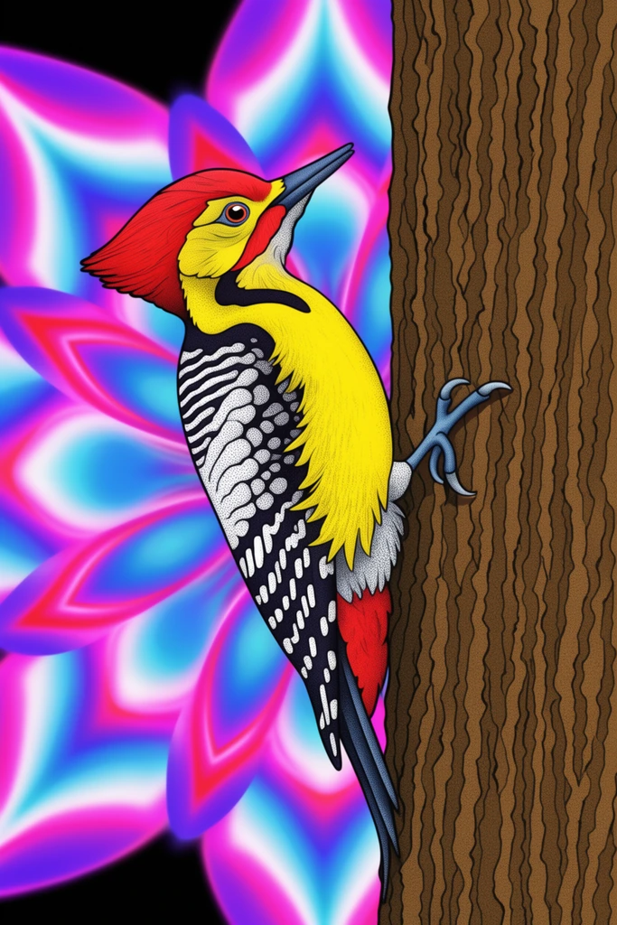 A stylized woodpecker clings vertically to a brown tree trunk against a glowing psychedelic background. The bird features a vibrant red crest, a vivid yellow breast, and intricate black-and-white stippled patterns on its wings, with blue-grey claws gripping the deeply ridged bark. Behind the tree, a symmetrical kaleidoscopic mandala radiates smooth, airbrushed gradients of electric cyan, hot magenta, and white against a pitch-black void. The digital illustration blends crisp pop-art aesthetics with detailed stippled shading on the foreground elements, creating a striking pop-surrealist composition defined by intense color saturation and bold graphic contours.