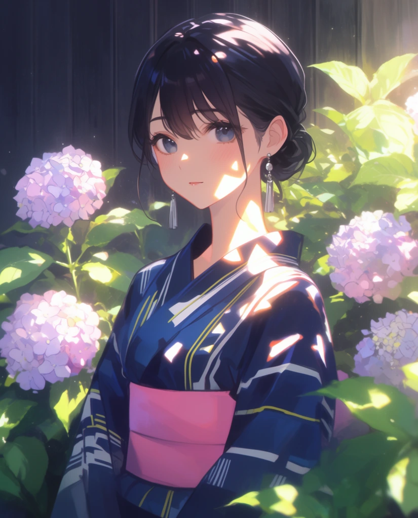 An anime-style digital illustration of a young woman standing gracefully among blooming hydrangea bushes. She has dark hair styled in a low bun with loose face-framing strands, large blue-grey eyes, a soft blush, and dangling silver tassel earrings. She is dressed in a dark blue yukata featuring white and yellow geometric stripes and a thick pink obi sash. Intense dappled sunlight filters through the foliage, casting sharp, luminous highlights and angular shadows across her face, neck, and garments. Lush clusters of pale purple and pink hydrangeas and broad, sun-illuminated green leaves surround her, set against a dark, vertically paneled wooden fence. The artwork features a glowing, ethereal atmosphere, soft painterly textures, and high-contrast dramatic lighting.