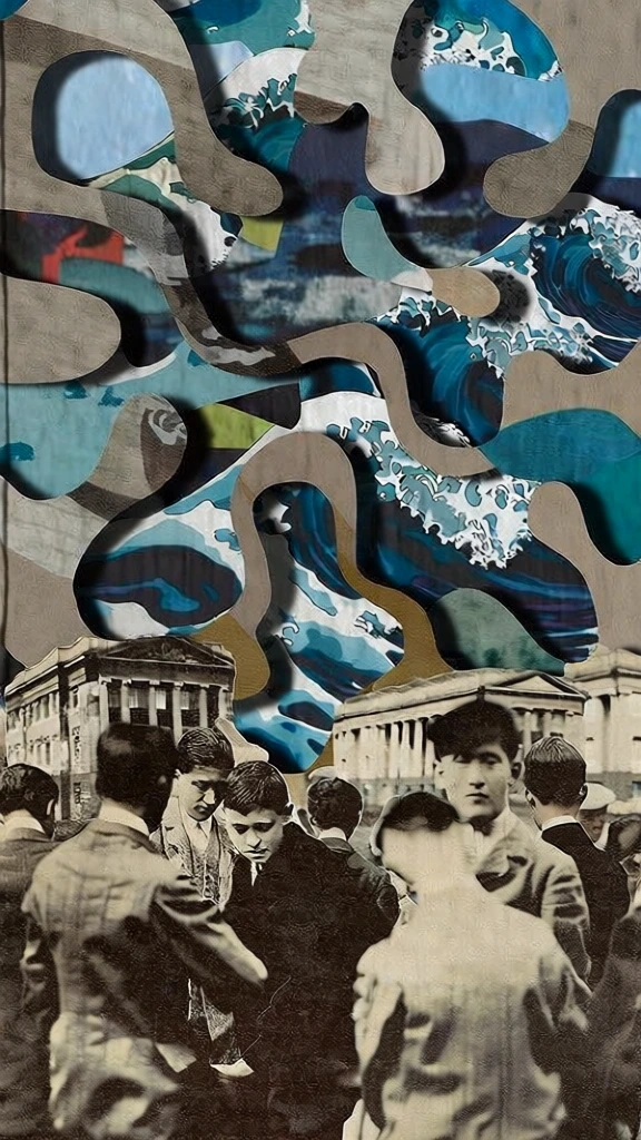 grainy vintage black and white photograph of men in suits standing before grand stone buildings, top layer features irregular organic amoeba-like cutouts revealing a secondary layer of vibrant blue and white crashing waves, archival paper texture, muted charcoal and sepia tones, stark contrast with deep teal and indigo, subtle drop shadows on cut edges for layered depth, centered composition, dadaist collage, contemporary experimental aesthetic, tactile mixed media feel