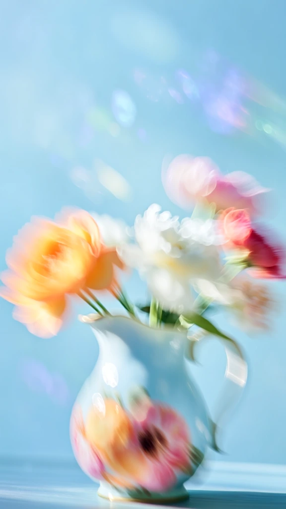 ethereal ceramic pitcher with delicate floral patterns holding a lush bouquet, captured with intentional camera movement creating soft directional motion blur, dreamy impressionistic aesthetic, pale sky blue background, warm orange and white flower tones, rosy pink accents, diffused natural lighting, iridescent lens flares in the upper third, light-filled composition, airy and floating quality, high-key pastel color palette, minimalist, soft focus, ethereal atmosphere