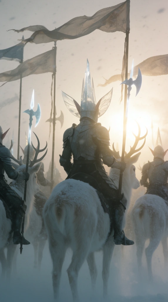 A legion of armored elven knights atop massive white stags advance through a blizzard, heavily backlit by a glaring winter sunrise. The central figure faces away, wearing a towering crystalline helmet with wide, sweeping wing-like side pieces and thick overlapping plate armor. Other knights surround him, holding long, faintly glowing halberds and riding thick-furred stags. Large, tattered silk pennants whip fiercely in the wind from tall poles strapped to their backs. The lower halves of the figures and mounts are completely swallowed by the swirling snow and thick atmospheric haze. The cinematic 35mm film aesthetic uses telephoto lens compression to tightly layer the high-contrast silhouettes against a pale, desaturated winter backdrop. The intense, blinding backlighting filtering through the snow creates a majestic, ethereal mood, emphasizing the sharp geometry of the weapons and the massive scale of the beasts.