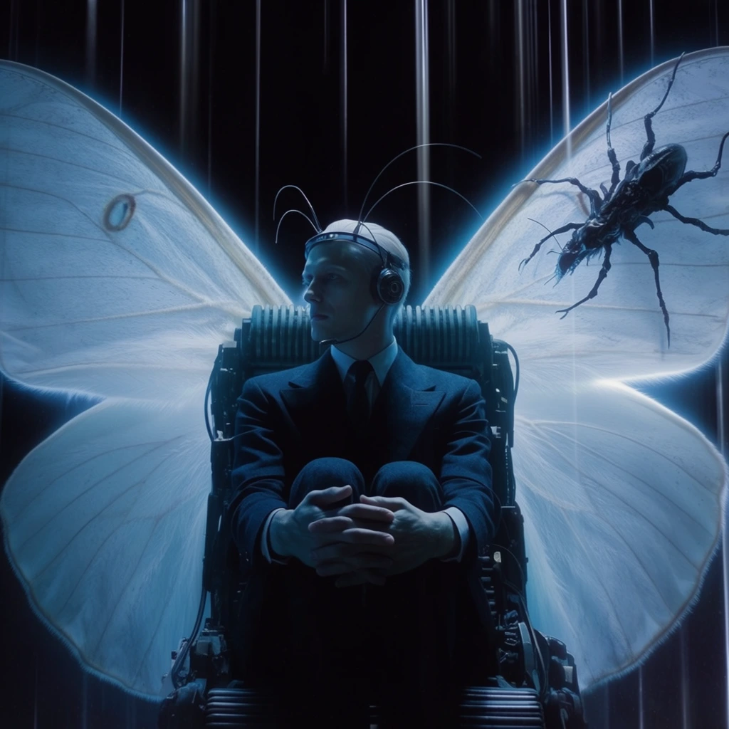 A pale man sits in a ribbed mechanical chair wearing a dark suit and curved wire antennae headset. He clasps his hands over his knees, gazing sideways into shadows. Colossal, translucent white moth wings curve outward behind him, radiating intense cold blue backlighting. A dark, multi-legged insectoid creature clings to the upper right section of the glowing wing. Vertical white light streaks fall through the surrounding black void. The composition features high-contrast cinematic lighting, a cool cyan-blue color palette, and a surreal sci-fi atmosphere.
