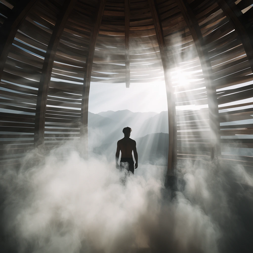 Silhouette of a shirtless man in a curved wooden slatted pavilion looking toward distant mountains, dense billowing white smoke obscuring the foreground, intense volumetric light rays piercing through horizontal gaps, high contrast ethereal atmosphere, cinematic architectural visualization